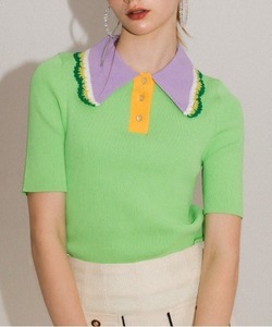 「LA POMME petit」 半袖ポロシャツ SMALL グリーン×ピンク レディース
