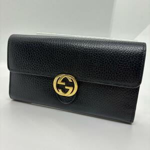 1円 美品 GUCCI グッチ インターロッキング ダブルG レザー 長財布 ブラック ゴールド金具 フラップ メンズ レディース ユニセックス