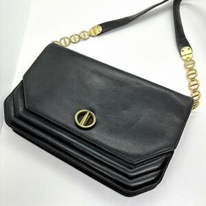 1円 Christian Dior クリスチャンディオール ショルダーバッグ サコッシュ CD金具 チェーン ゴールド金具 レザー 黒 ビンテージ