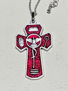 堅信式と精霊鳩の十字架　ネックレス　L ●シルバーレッドカラー　●イタリア製