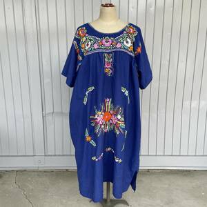  Vintage meki deer n dress embroidery cotton short sleeves One-piece blue 240402