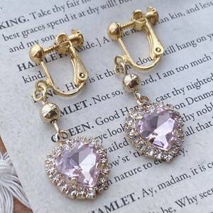 キラキラハートビジューイヤリング　ピンク　ラインストーン　ゴールドカラー☆Vintage jewelry accessories　k0292