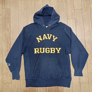 チャンピオン navy rugby 90s ヴィンテージ XL 両面プリント リバースウィーブ スウェットパーカー ナス紺 ミリタリー 40s 50s Championの画像2