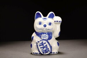 【善古堂】某有名収集家買取品 時代物 京焼 染付き 金運猫 インテリア 骨董品 古美術0401-6H02　