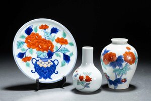 【善古堂】某有名収集家買取品 時代物 九谷焼 錦手 色絵花卉紋飾壺・飾瓶・飾皿 骨董品 古美術 0325-3H05　