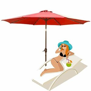 2.7m/9ft Solar Parasol, Large Outdoor Umbrella, Garden Patio Umbrellas, with LED Lights and 8 Strong Ribs, Tiltable Design,