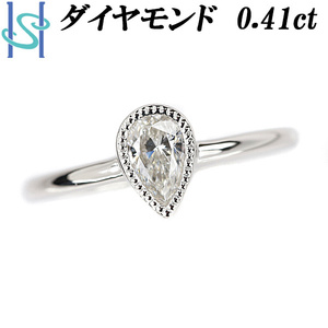 ペアシェイプカット ダイヤモンド リング 0.41ct Pt900 一粒石 ミル打ち ミルグレイン 送料無料 美品 中古 SH108303