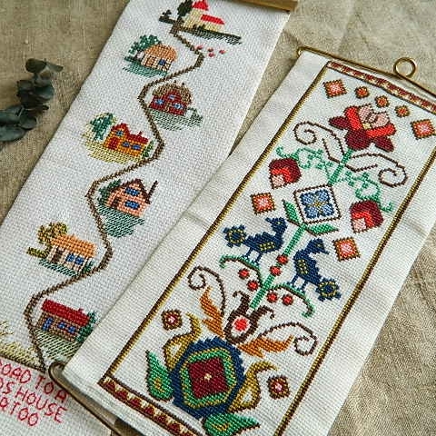 ◆铃拉挂毯 2 件套壁挂十字绣刺绣手工刺绣斯堪的纳维亚复古鸟花家居, 缝纫, 刺绣, 刺绣, 完成的产品