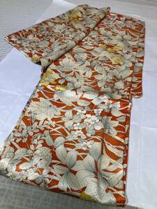  fine pattern silk gold paint .. pattern flower .. leaf orange color ground kimono Japanese clothes Japanese clothes kimono ko-te remake dyeing change costume general merchandise shop high class 