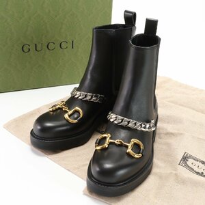 ■ Неиспользованный ■ gucci шланговый шланг-цепь Chelsea Boots Side Gore Кожаная черная черная 35 1/2 обувь Ladies Eem U27-9