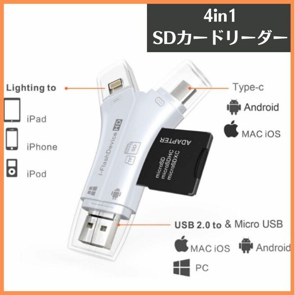 マルチカードリーダー　ホワイト iPhone USB USBメモリ micro SD データ転送　持ち運び　コンパクト