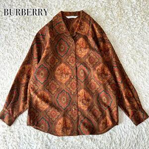 90s BURBERRY ビンテージ 乗馬 ペイズリー 総柄 シャツ 長袖 9R バーバリー M バーバリーズ イタリア製生地使用 レギュラーカラー ブラウン