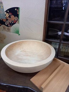 くり抜き　こね鉢　うどん　そば　天然木　垢材　高級品　こま板付き　外径45センチ　保管品　未使用