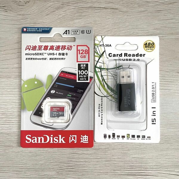 【新品】SanDisk microSDXC 128GB 1枚 CardReader USB2.0 1個