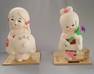 【作家物/保管品】■素焼人形■☆花わらべ２体一式☆ 日本人形 陶器 置物