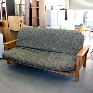 T956) L.L. Bean Mission Futon 3人掛けソファベッド リーフ柄 幅217cm 背もたれ引き上げ ファブリック エルエルビーン 天然木 アメリカ