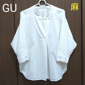 【GU】リネンブレンド スキッパーシャツ　ブラウス　麻　七分袖