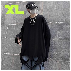 ロンT ブラック　XL ダメージ 長袖 ロック 重ね着 パンク　個性的　モード系　メンズ　ユニセックス　 Tシャツ　 カットソー