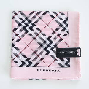 ■未使用　BURBERRY バーバリー　シルク＆コットン　大判　ハンカチ　チェック　ピンク　ミニスカーフ■