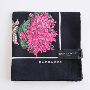 ■未使用　BURBERRY バーバリー　シルク＆コットン　大判　ハンカチ　黒　ミニスカーフ■