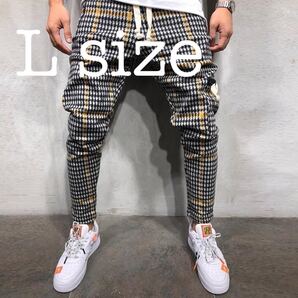 テーパードパンツ チェック 千鳥柄 ジョガーパンツ パンツ ボトムス スリム ストレッチ チェック 黄色 L