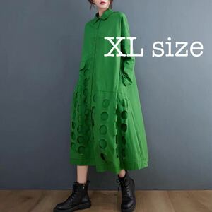 ★人気 ワンピース ロング マキシ丈 ドレス シャツ モード 個性派 緑 XL
