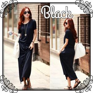  Maxi-length dress all-in-one short sleeves resort One-piece black black 