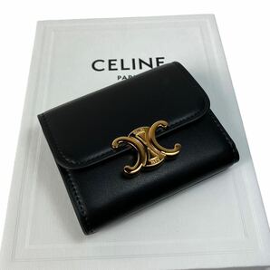 未使用 CELINE セリーヌ トリオンフ シャイニーカーフスキン スモールウォレット 折財布 ブラック×ゴールド 1円スタートの画像2