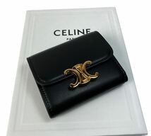 未使用　CELINE セリーヌ トリオンフ シャイニーカーフスキン スモールウォレット 折財布 ブラック×ゴールド 1円スタート_画像2