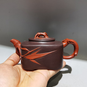 【古寶奇蔵・紫砂壺・雙色竹葉壺・紫泥・顧景舟款】茶具・茶道品・希少珍品・賞物・中国古美術