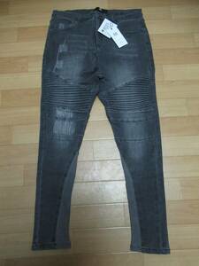 *648 can biocambio new goods gray hem rib. USED processing Biker Denim pants L