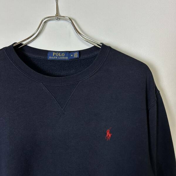 貴重 正規品 POLO RALPH LAUREN ポロ ラルフローレン ワンポイント 刺繍 前V ガゼット リバースウィーブ スウェット トレーナー ネイビー M