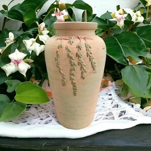 傘立て 陶器製 草模様 蔦 植物柄 カントリー アンティーク風 大きな花瓶 大きいフラワーベース