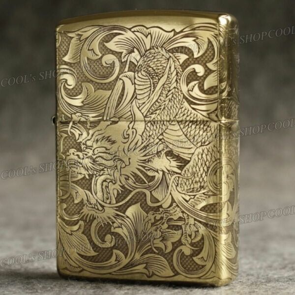 四面総彫り 龍 和彫り オイルライター CHIEF ゴールド 金 zippo 同型 昇り龍 ドラゴン 竜 箱付き 和柄