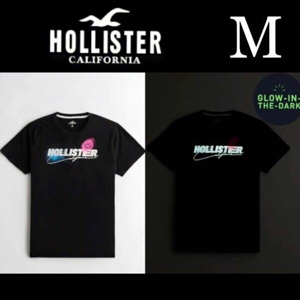新品タグ付き☆HOLLISTER 発光プリント半袖Ｔシャツ M 黒 ブラック ホリスター