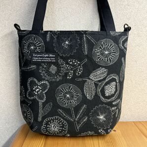 黒 生成 花柄 綿麻 hand made ハンドメイド トート ショルダー 斜め掛け ランチ ハンド セカンド サブ エコ バック バッグ の画像2