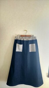 +A line skirt * stretch indigo Denim + waist rubber adjustment possibility + another cloth. flax border cloth using + hand made +L,LL correspondence F size +by*see_ya+