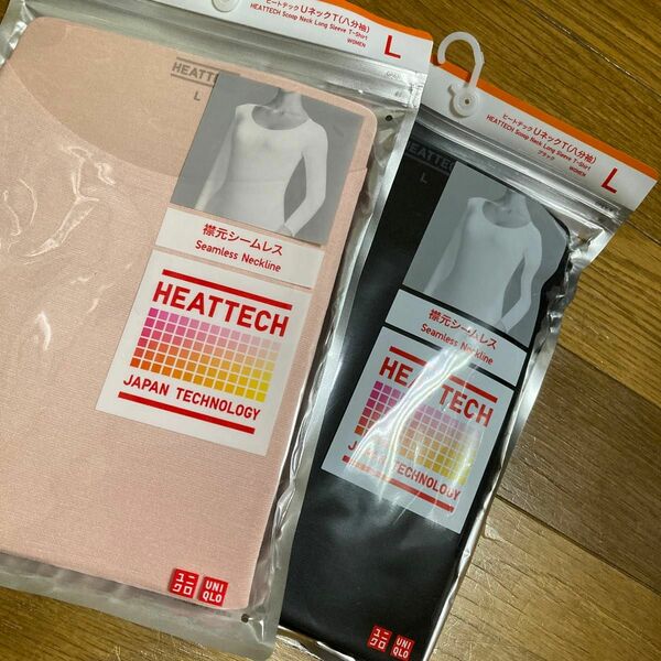 UNIQLO ヒートテックＵネックＴ　八分袖　Ｌサイズ 襟元シームレス　ブラック&ピンク　新品