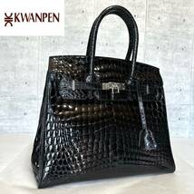 良品 KWANPEN クワンペン シャイニングクロコダイル BLACK センター取り ワニ革 ゴールド金具 レザー ブラック 黒 ハンドバッグ ショルダー_画像3