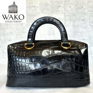 WAKO ワコウ 銀座 和光 クロコ型押し レザー ブラック ゴールド金具 ハンドバッグ トートバッグ ショルダーバッグ 
