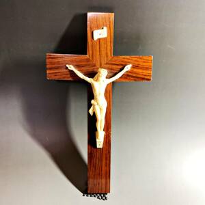フランス ヴィンテージ INRI イエス キリスト 十字架 像 クロス インリ 木製 高さ30㎝ 壁掛け 磔刑像 処刑 聖 聖具 置物 アンティーク 