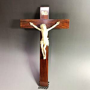 フランス ヴィンテージ イエス キリスト 十字架 像 クロス インリ 木製 高さ30㎝ 壁掛け 磔刑像 聖品 聖 アンティーク INRI カトリック