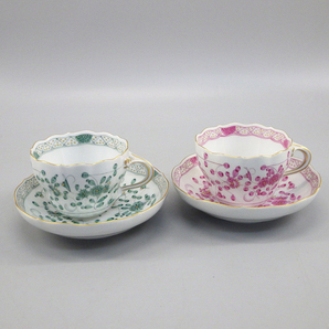 1円〜 Meissen マイセン インドの華 リッチ グリーン・ピンク カップ＆ソーサー 計2客 陶器 テーブルウェア 256-2654580【O商品】の画像1