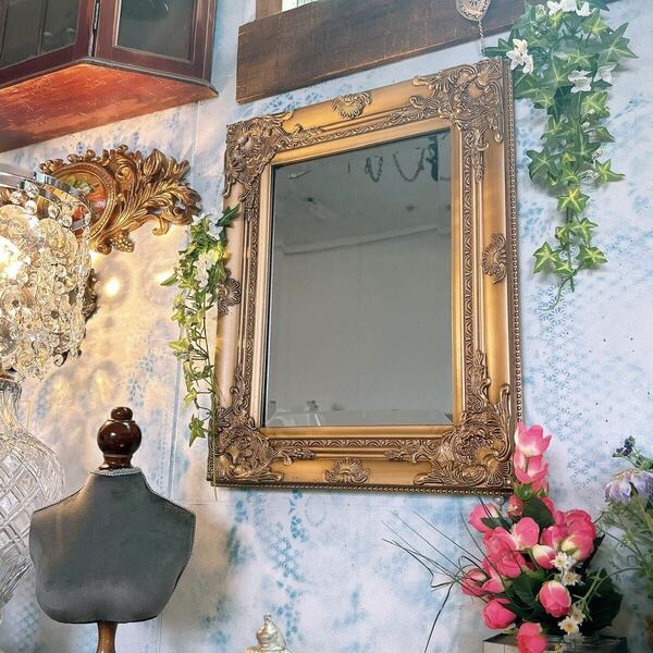 アンティークな部屋 アンティーク調 壁掛け鏡（GOLD） ウォールミラー （縦横掛け2wey） ロイヤルサロン #店舗什器 #アンティーク 