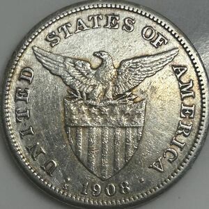 アメリカ領フィリピン　1ペソ銀貨　1908年　サンフランシスコ造幣局　古銭　銀貨