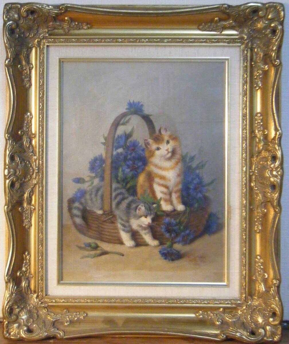 [Authentic work] Painting, artist unknown, signed, oil painting No. 6, cat, precise depiction, masterpiece Q135, painting, oil painting, animal drawing