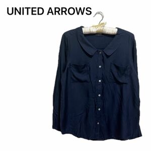 UNITED ARROWS ユナイテッドアローズ七分袖　ブラウス　ネイビー　シルク　レーヨン　紺　オフィスカジュアル