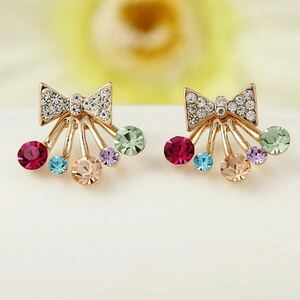  colorful crystal lady's small pra a little . pretty colorful ribbon Stone one Point Kirakira earrings summer earrings 