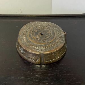 銅製 水滴 草花紋 直径7.3cm 185g / 書道具 銅器 中国？