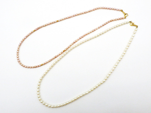 パールネックレス 2点 まとめ K18刻印 (留め具K18) ホワイト ピンク 42cm 真珠ネックレス アクセサリー カジュアル